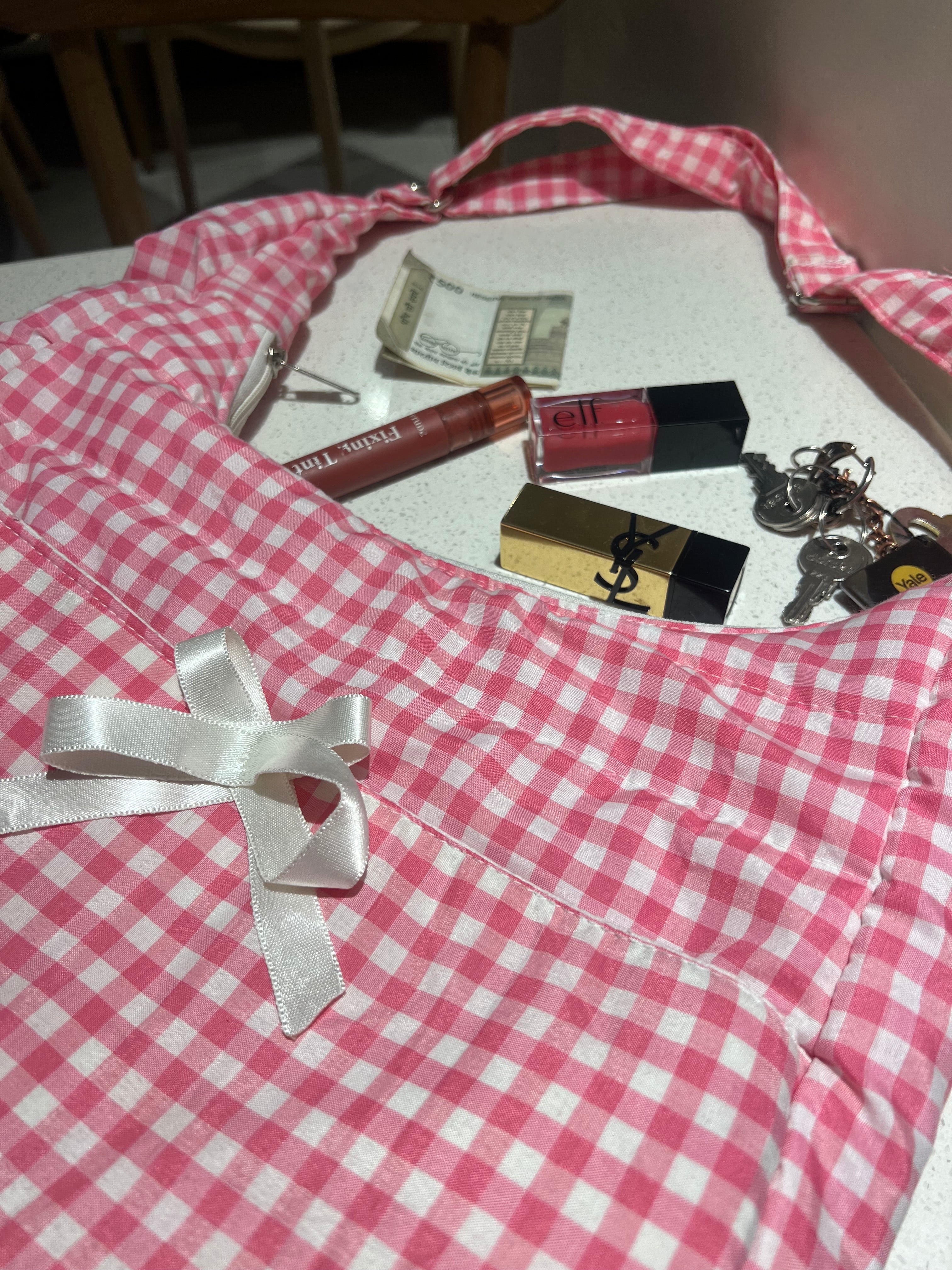 Ghingham print messenger bag with bow