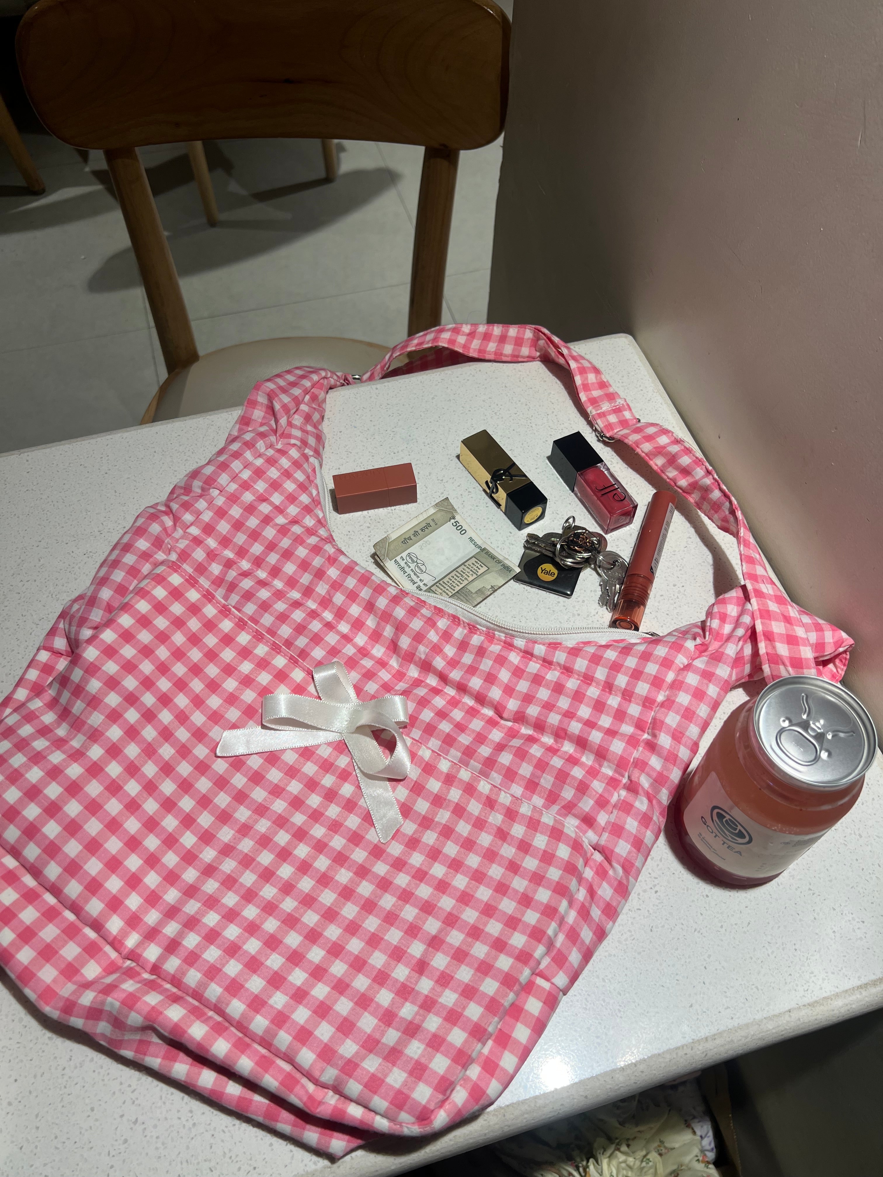 Ghingham print messenger bag with bow