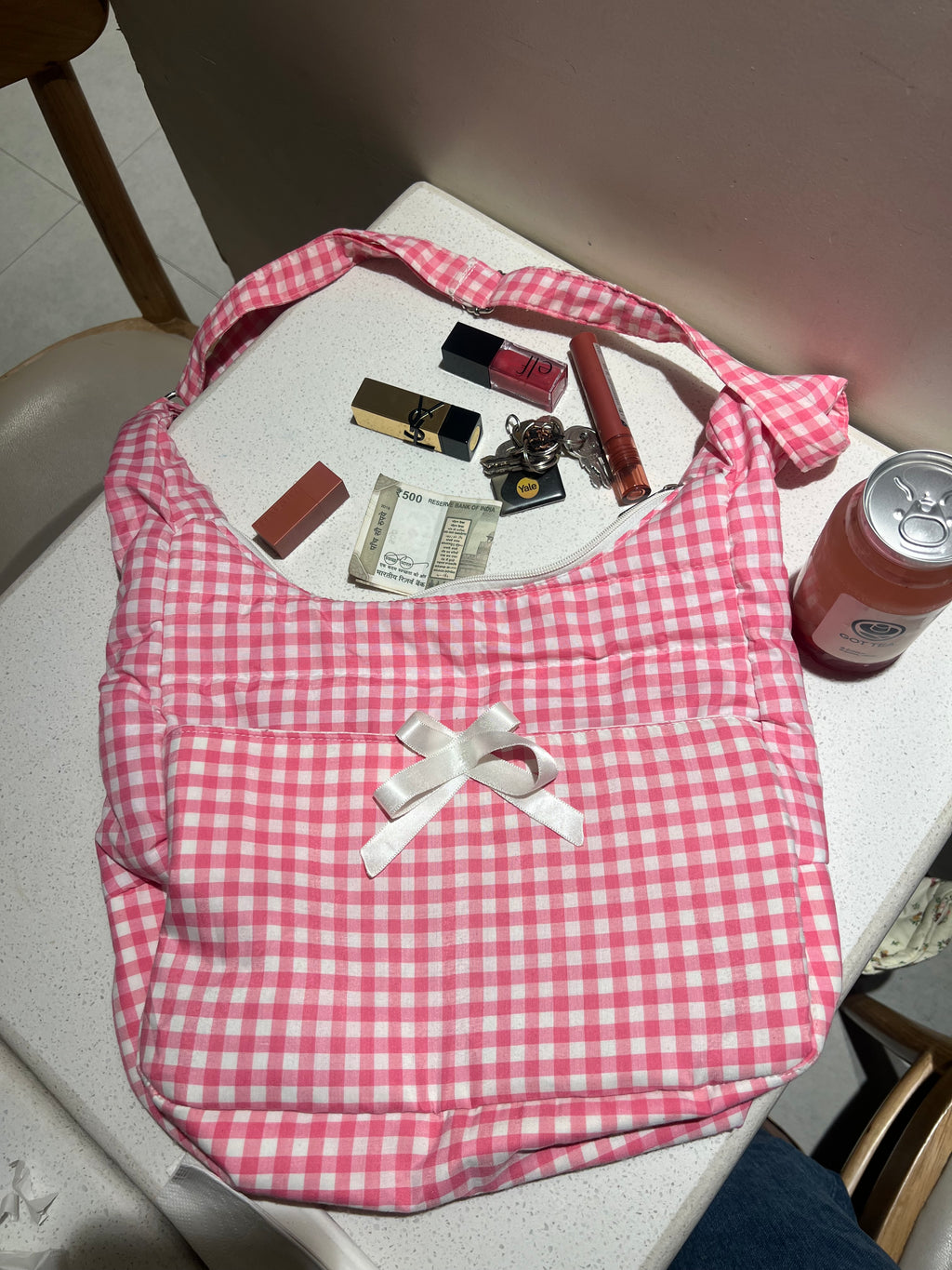 Ghingham print messenger bag with bow