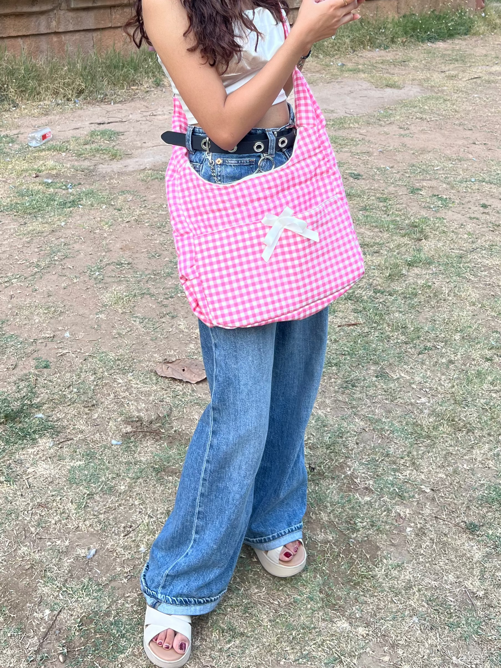 Ghingham print messenger bag with bow