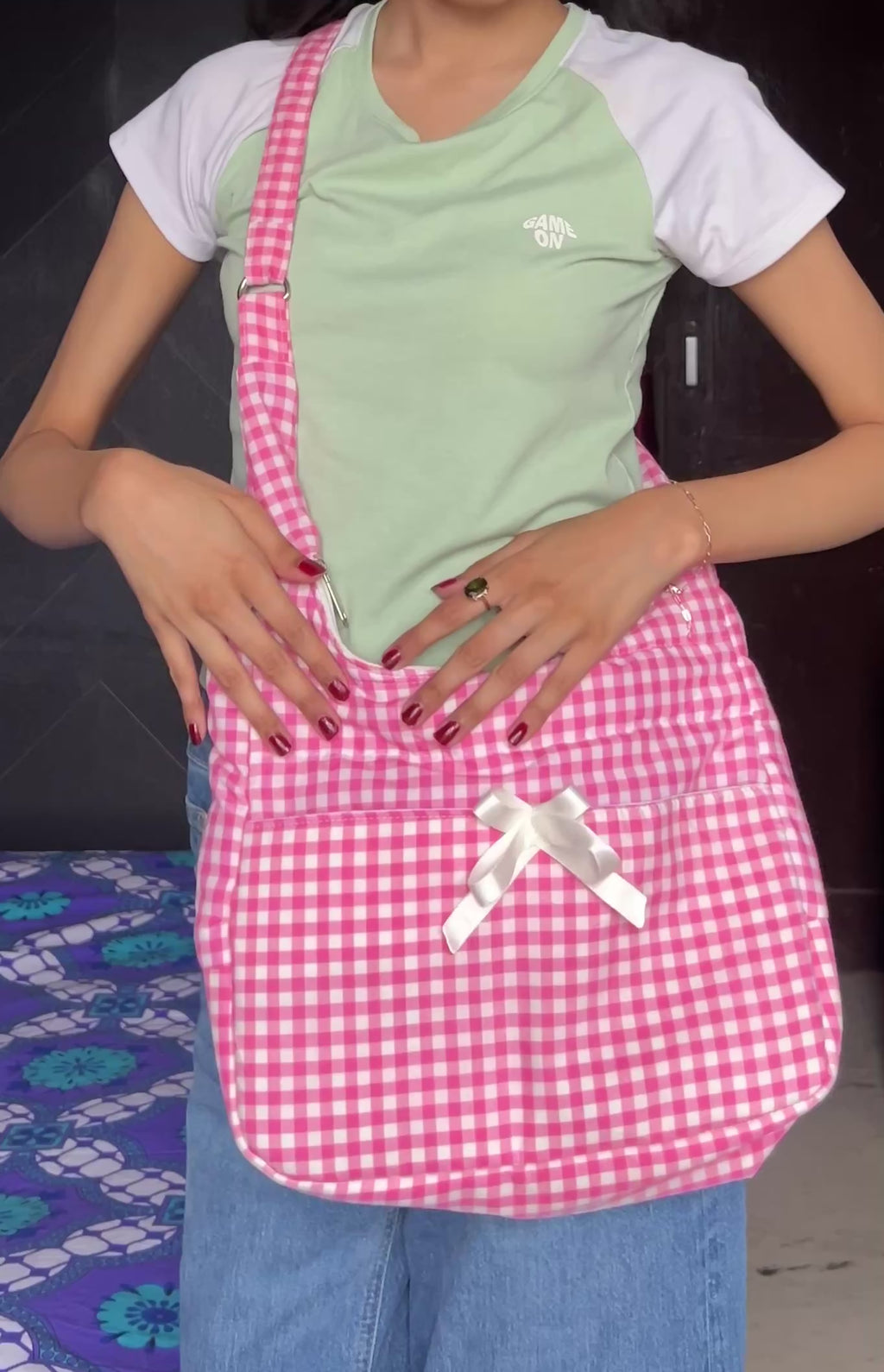 Ghingham print messenger bag with bow